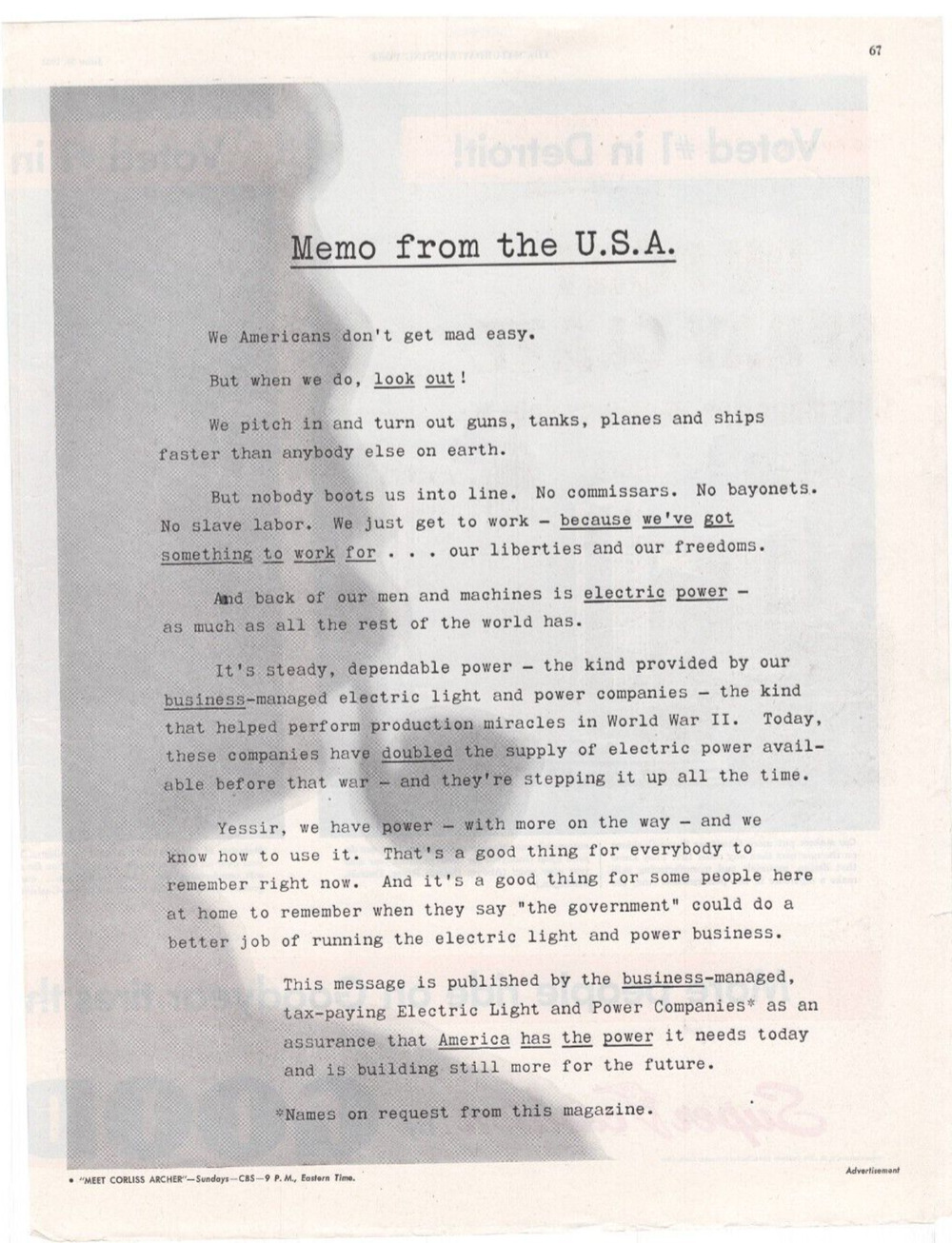 Vintage Original Electric Light & Power "Memo" Magazine Advertisement 1951
